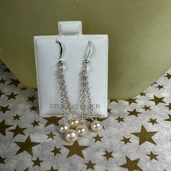 NEW Sterling Silver and Genuine Pearl Dangling Earrings - Picture 5 of 6